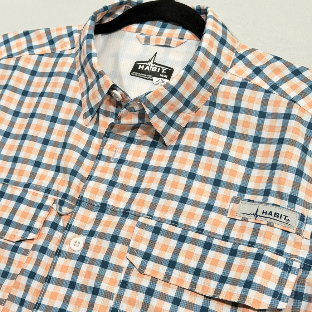 Habit Fishing Shirt Men's M Orange Blue Plaid Vented Short Sleeve Outdoor Hiking